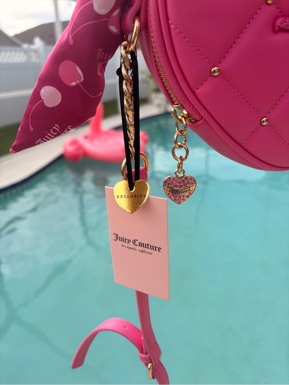 Juicy Couture Fuchsia Heart Quilted Rhinestone Mini Bag with Scarf-NWT - Picture 4 of 13